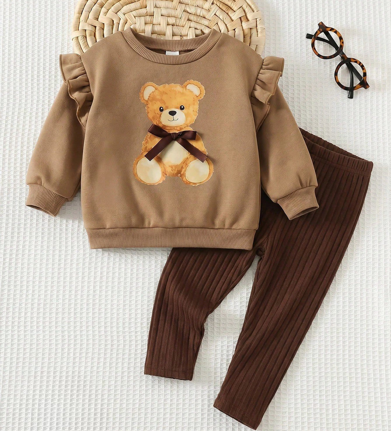 Conjunto 2 Peças Bebê Menina Moletom Ursinho Manga Babado Fleece e Legging Canelada 001 Conjunto Menina 05 Kabannas Cáqui e marrom 6-9 Meses 