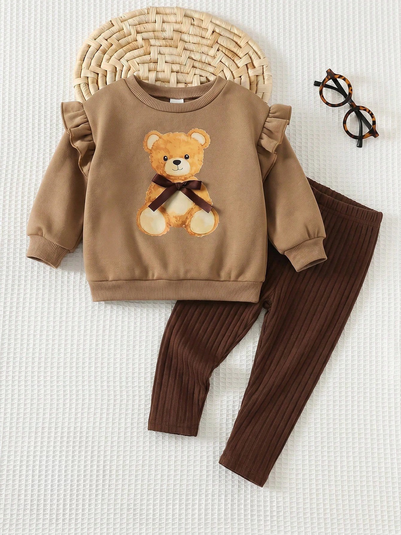 Conjunto 2 Peças Bebê Menina Moletom Ursinho Manga Babado Fleece e Legging Canelada 001 Conjunto Menina 05 Kabannas Cáqui e marrom 6-9 Meses 