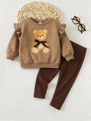 Conjunto 2 Peças Bebê Menina Moletom Ursinho Manga Babado Fleece e Legging Canelada 001 Conjunto Menina 05 Kabannas Cáqui e marrom 6-9 Meses 