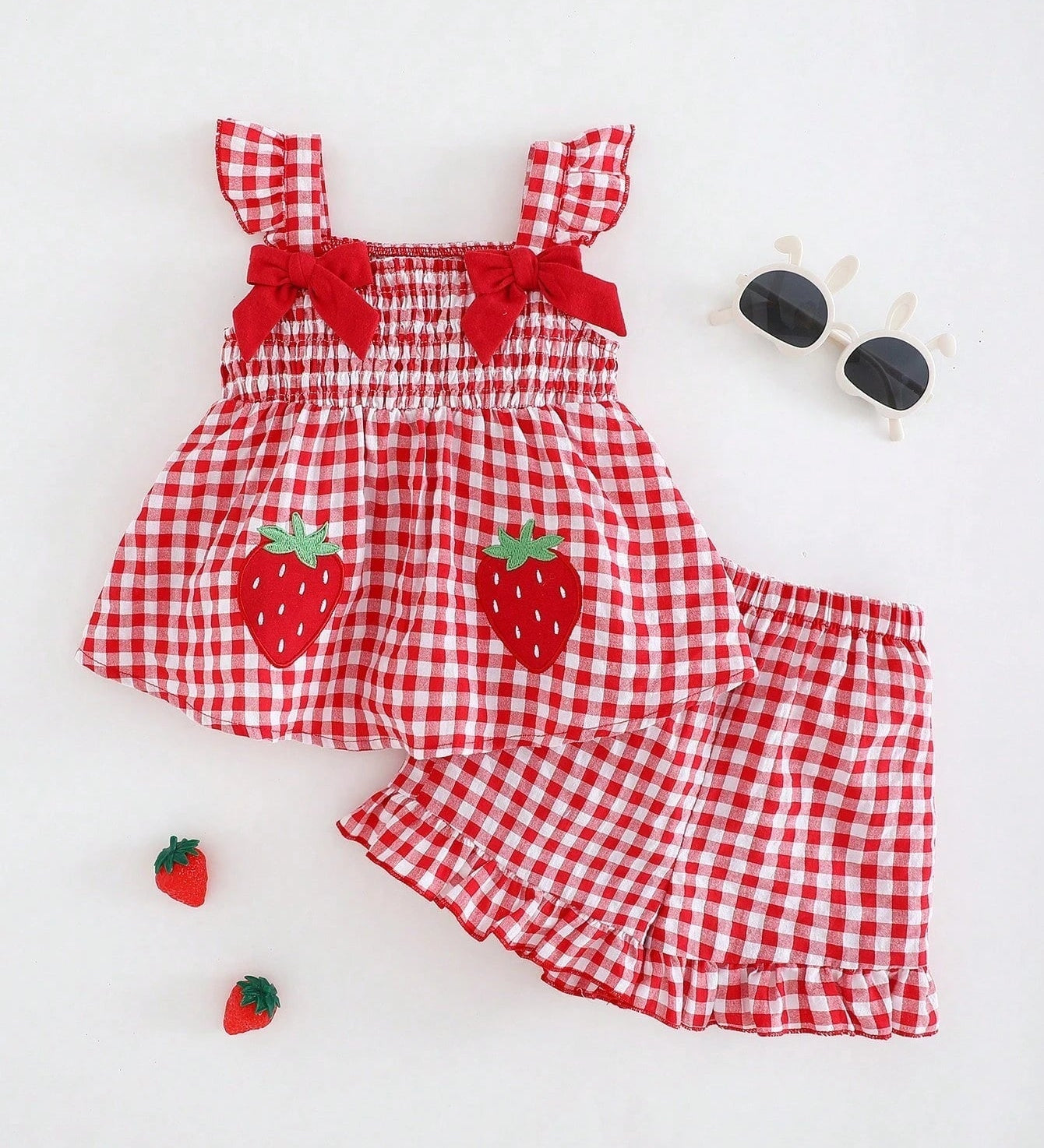 Conjunto 2 Peças Bebê Menina Top Alças com Bordado de Morango e Shorts Xadrez 003 Conjunto Menina 09 Kabannas Vermelho 6-9 Meses 