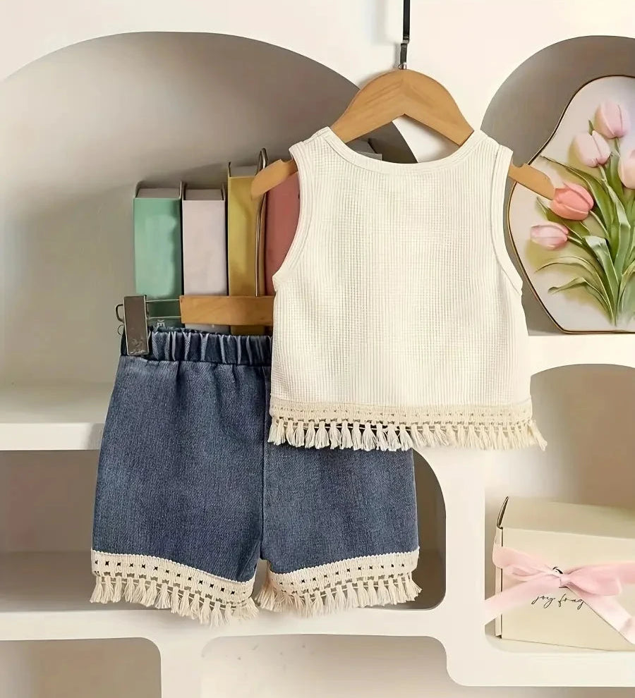 Conjunto 2 Peças Bebê Menina Top Canelado Sem Manga Flores em Crochê com Franja e Shorts Jeans com Barra de Macramê Conjunto Menina 08 Kabannas 