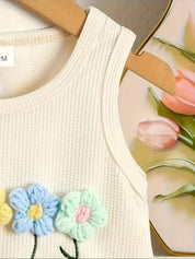 Conjunto 2 Peças Bebê Menina Top Canelado Sem Manga Flores em Crochê com Franja e Shorts Jeans com Barra de Macramê Conjunto Menina 08 Kabannas 