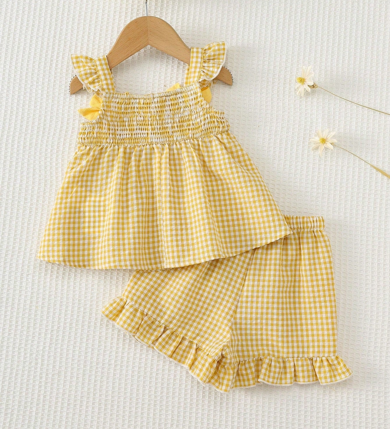 Conjunto 2 Peças Bebê Menina Top Franzido Alça e Shorts Xadrez Aplique Pato 001 Conjunto Menina 04 Kabannas 
