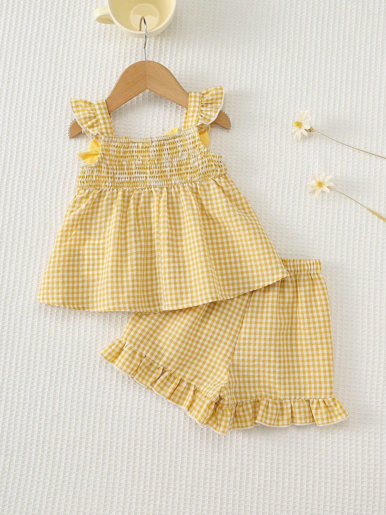 Conjunto 2 Peças Bebê Menina Top Franzido Alça e Shorts Xadrez Aplique Pato 001 Conjunto Menina 04 Kabannas 