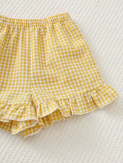 Conjunto 2 Peças Bebê Menina Top Franzido Alça e Shorts Xadrez Aplique Pato 001 Conjunto Menina 04 Kabannas 
