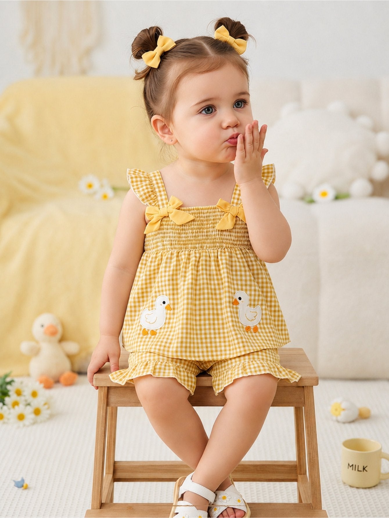 Conjunto 2 Peças Bebê Menina Top Franzido Alça e Shorts Xadrez Aplique Pato 001 Conjunto Menina 04 Kabannas 
