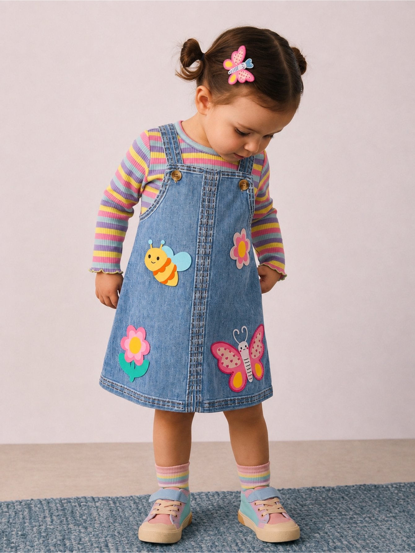 Conjunto 2 Peças Bebê Menina Top Listrado e Salopete Jeans Abelha Borboleta 001 Conjunto Menina 03 Kabannas 