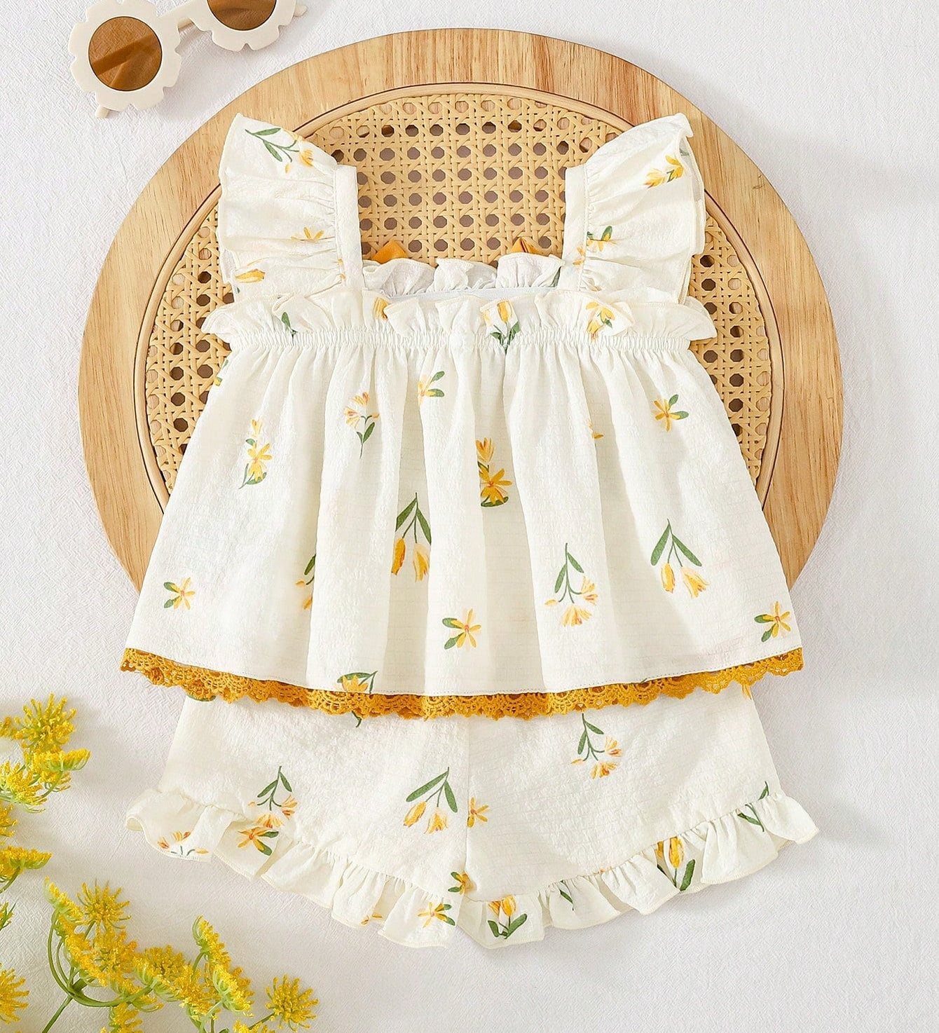 Conjunto 2 Peças Bebê Menina Top Manga Borboleta Floral e Shorts Babado 001 Conjunto Menina 06 Kabannas 