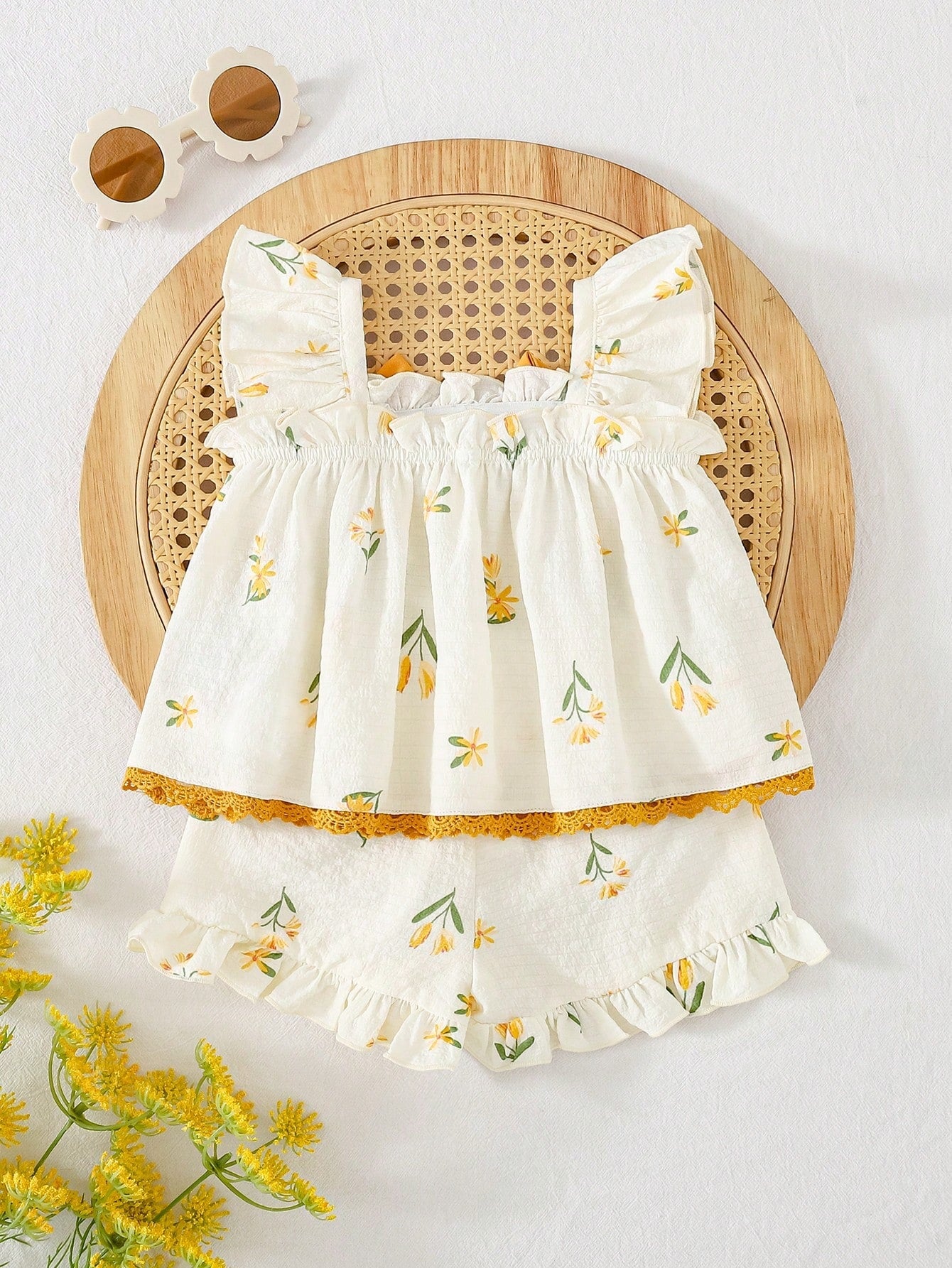 Conjunto 2 Peças Bebê Menina Top Manga Borboleta Floral e Shorts Babado 001 Conjunto Menina 06 Kabannas 