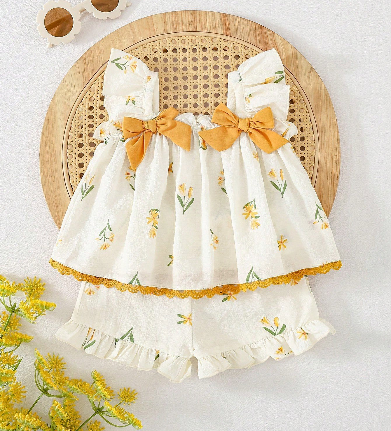 Conjunto 2 Peças Bebê Menina Top Manga Borboleta Floral e Shorts Babado 001 Conjunto Menina 06 Kabannas Branco e amarelo 6-9 Meses 