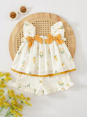 Conjunto 2 Peças Bebê Menina Top Manga Borboleta Floral e Shorts Babado 001 Conjunto Menina 06 Kabannas Branco e amarelo 6-9 Meses 