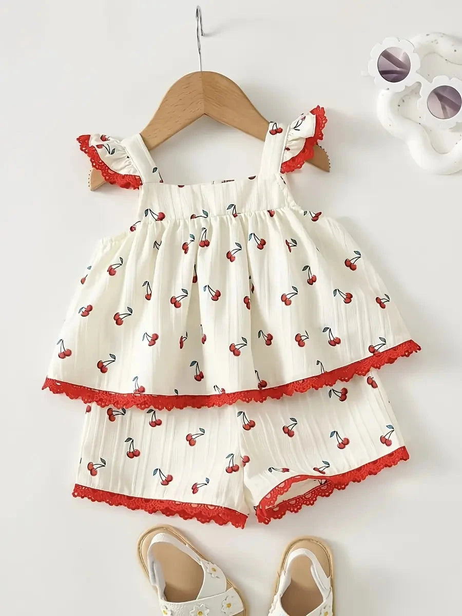 Conjunto 2 Peças Bebê Menina Verão Top Folhos Decote Quadrado Floral e Shorts Renda Conjunto Menina 02 Kabannas 