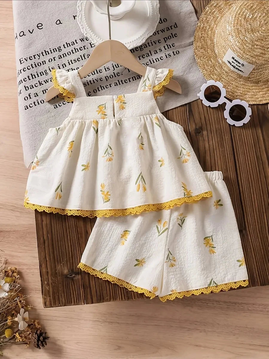 Conjunto 2 Peças Bebê Menina Verão Top Folhos Decote Quadrado Floral e Shorts Renda Conjunto Menina 02 Kabannas Bege 6-9 Meses 