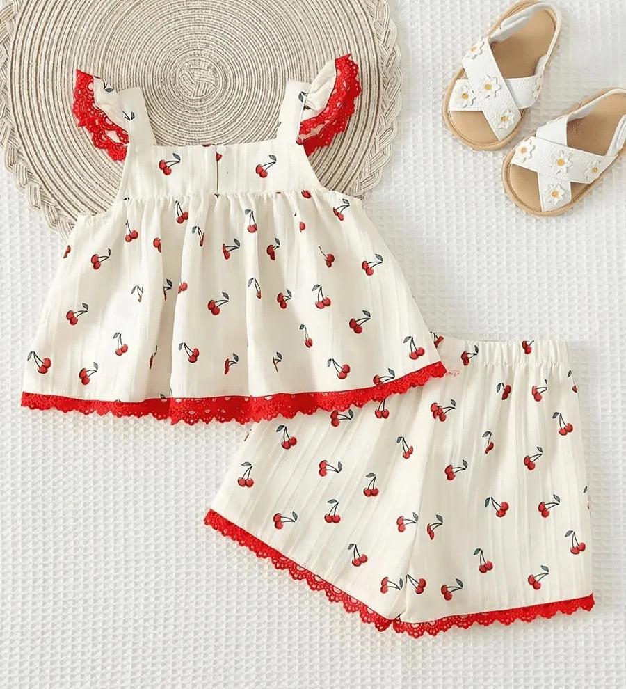 Conjunto 2 Peças Bebê Menina Verão Top Folhos Decote Quadrado Floral e Shorts Renda Conjunto Menina 02 Kabannas Branco marfim 6-9 Meses 