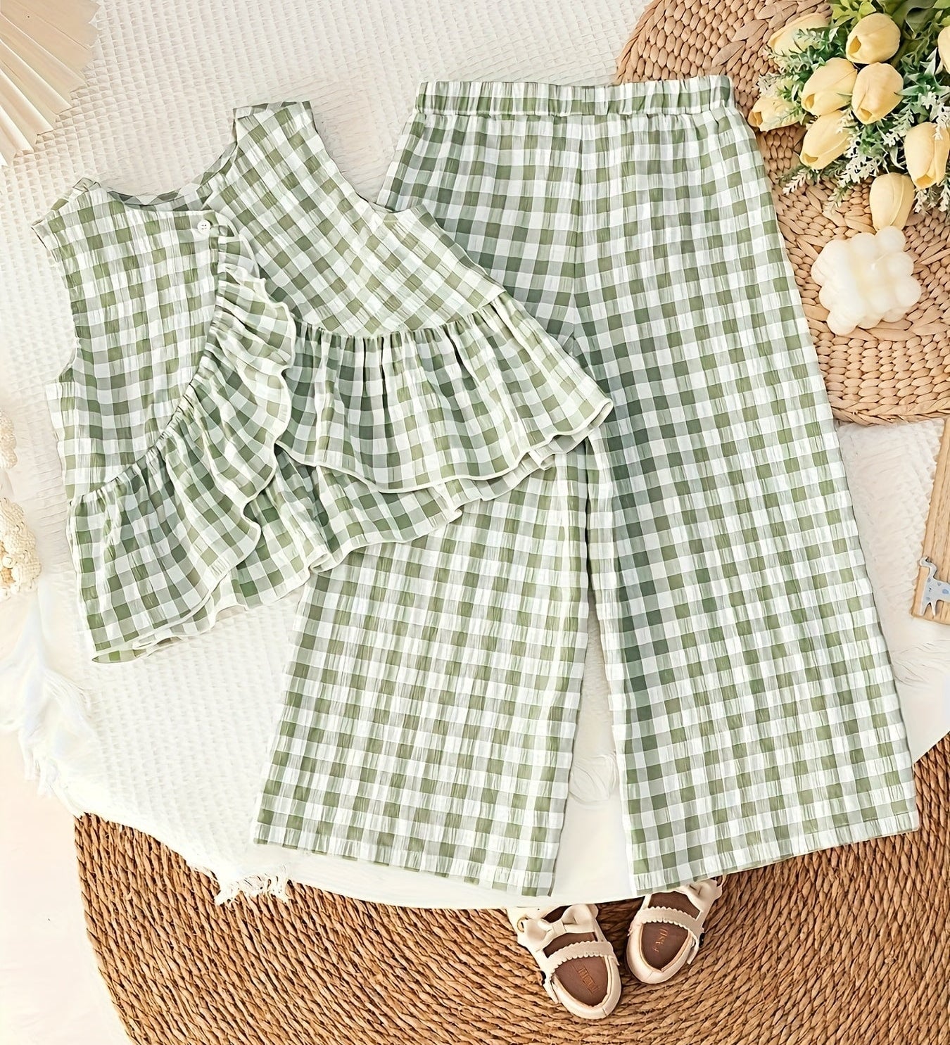 Conjunto 2 Peças Bebê Menina Verão Top Sem Mangas com Folhos e Calça Wide Leg Xadrez Conjunto Menina 01 Kabannas 