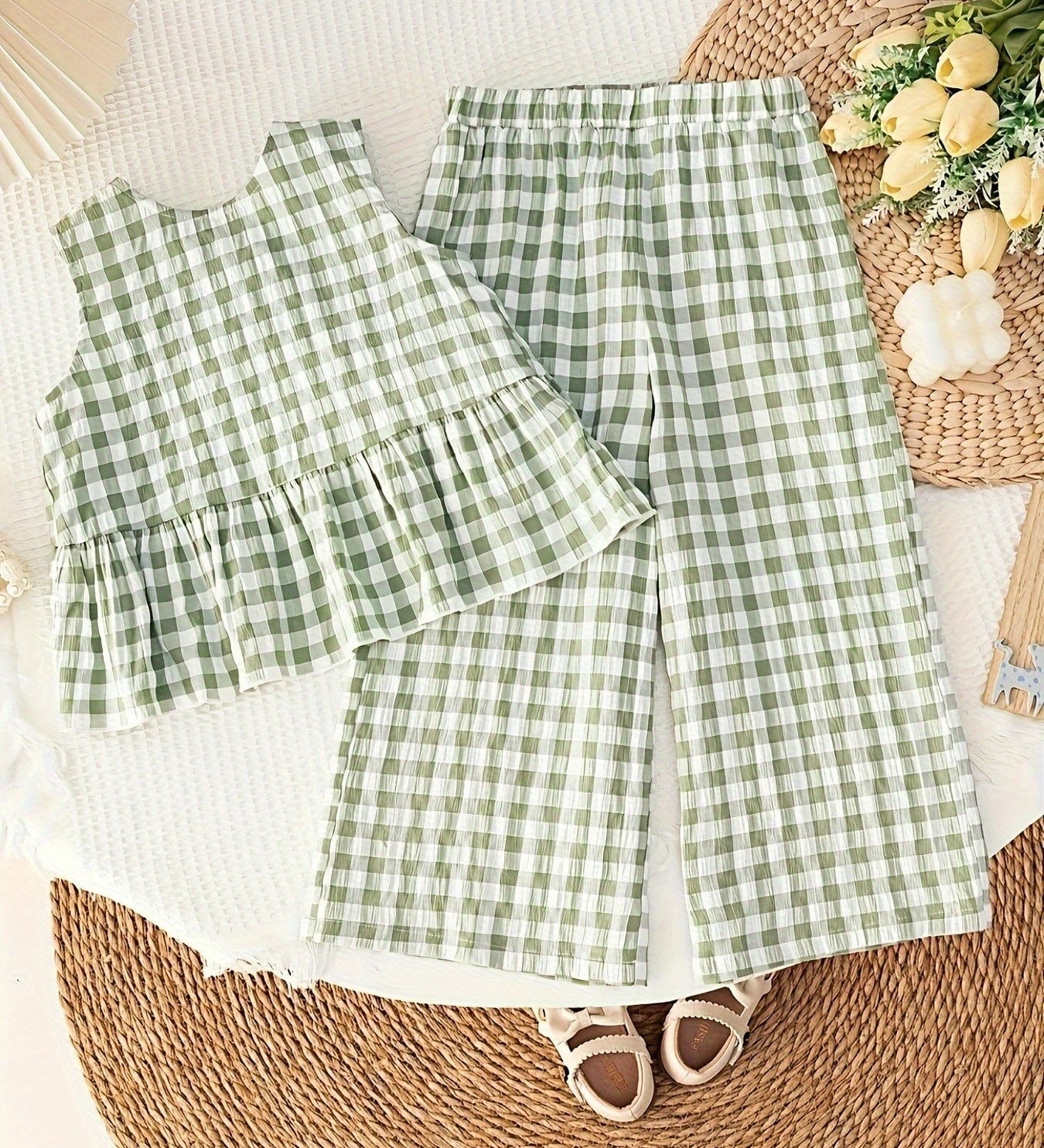 Conjunto 2 Peças Bebê Menina Verão Top Sem Mangas com Folhos e Calça Wide Leg Xadrez Conjunto Menina 01 Kabannas Verde 6-9 Meses 