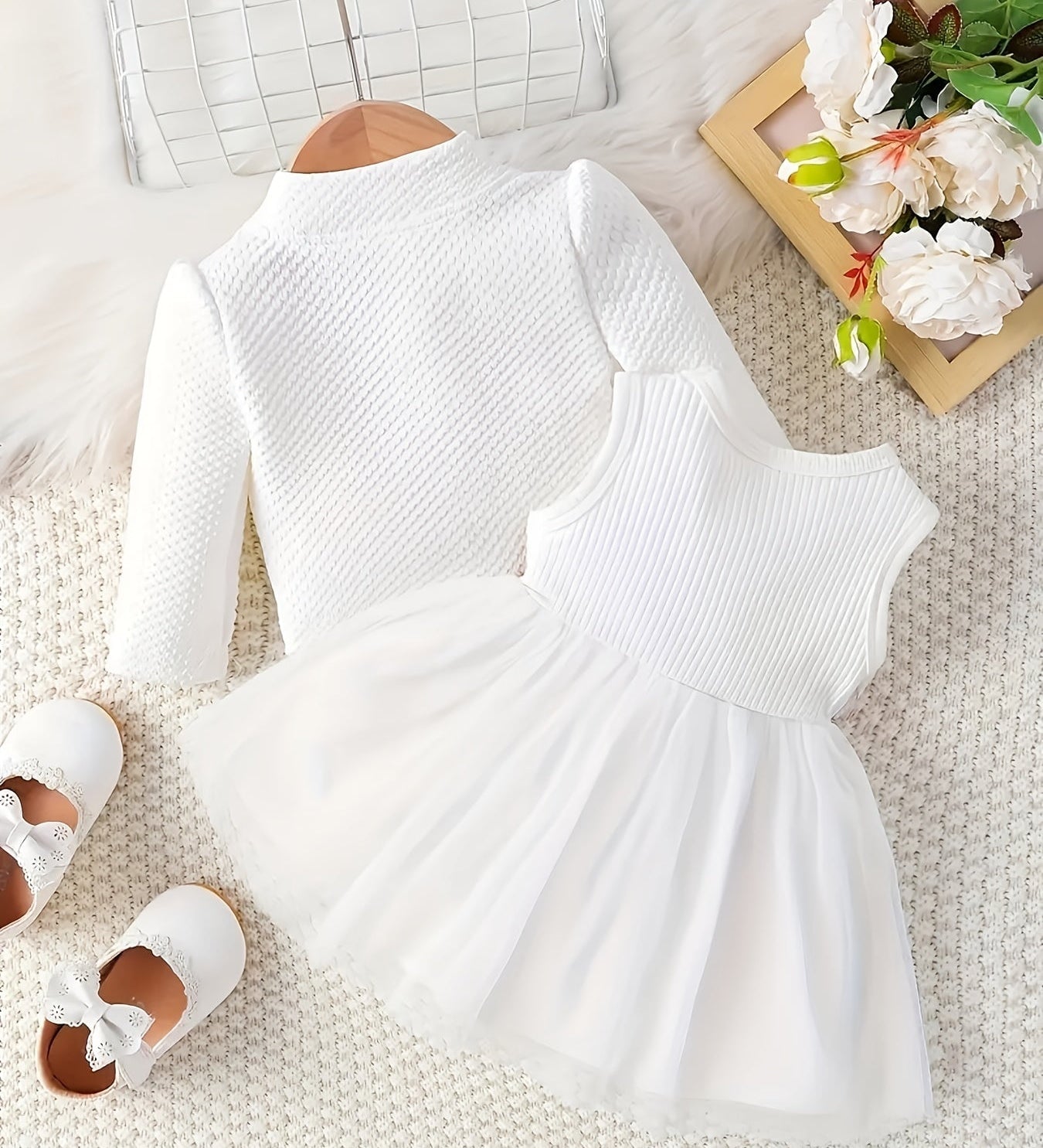 Conjunto 2 Peças Bebê Menina Vestido Bordado Floral Tule com Casaco Canelado Conjunto Menina 16 Kabannas 