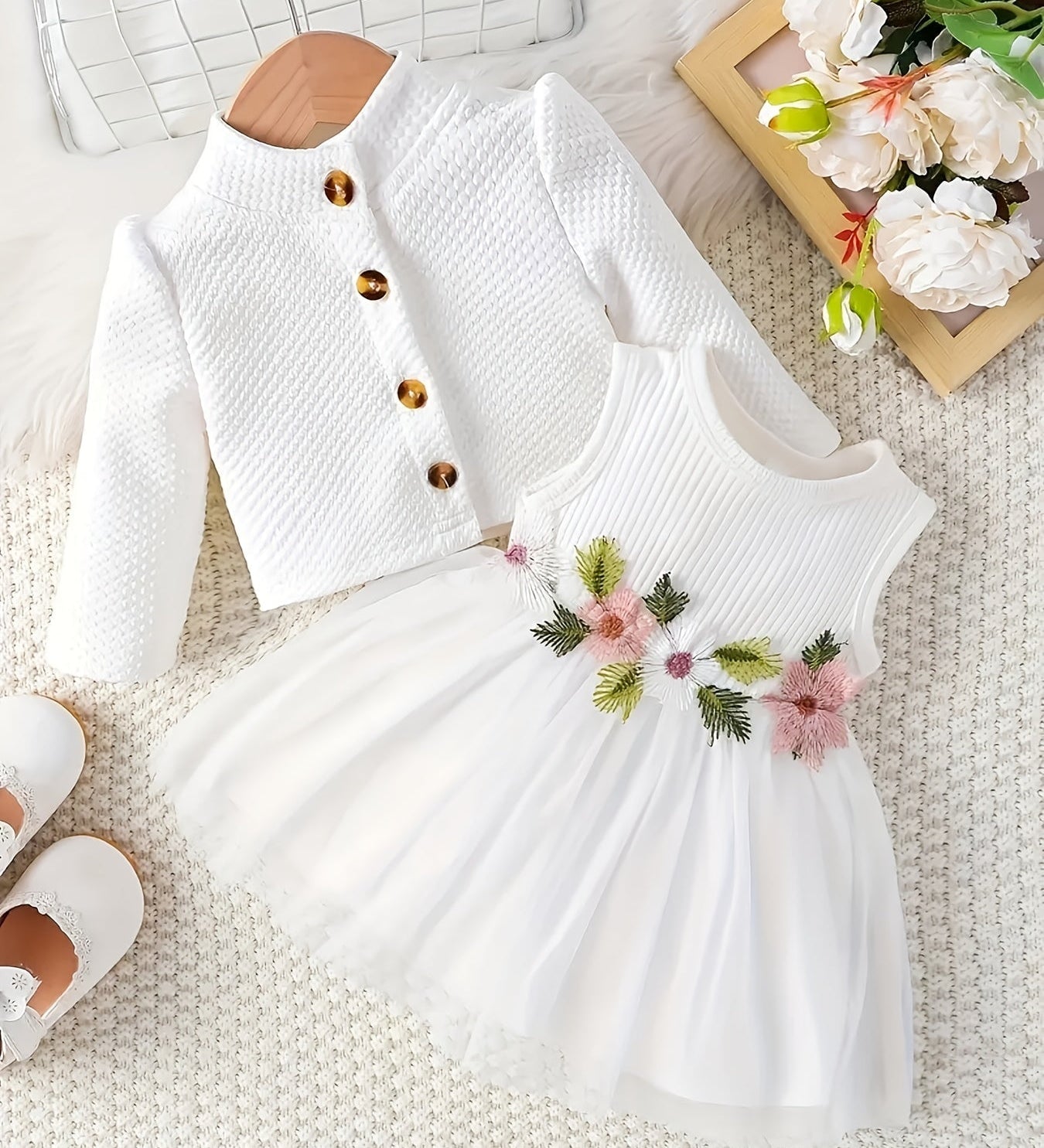 Conjunto 2 Peças Bebê Menina Vestido Bordado Floral Tule com Casaco Canelado Conjunto Menina 16 Kabannas Branco 0-3 Meses 