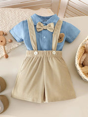 Conjunto 2 Peças Bebê Menino Body Macacão Denim Manga Curta com Bordado de Urso e Shorts Suspensório Veludo Cotelê Conjunto Menino 26 Kabannas 