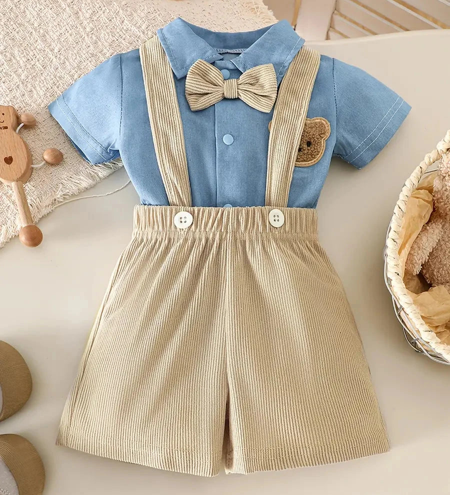 Conjunto 2 Peças Bebê Menino Body Macacão Denim Manga Curta com Bordado de Urso e Shorts Suspensório Veludo Cotelê Conjunto Menino 26 Kabannas 