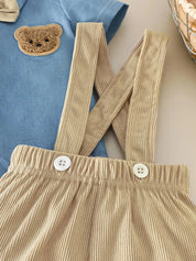 Conjunto 2 Peças Bebê Menino Body Macacão Denim Manga Curta com Bordado de Urso e Shorts Suspensório Veludo Cotelê Conjunto Menino 26 Kabannas 