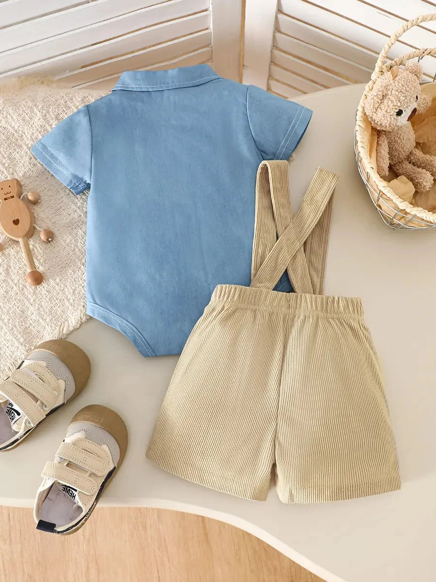 Conjunto 2 Peças Bebê Menino Body Macacão Denim Manga Curta com Bordado de Urso e Shorts Suspensório Veludo Cotelê Conjunto Menino 26 Kabannas 