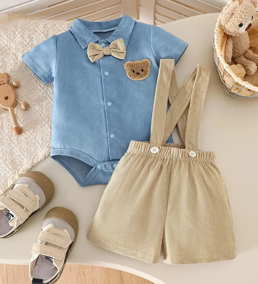 Conjunto 2 Peças Bebê Menino Body Macacão Denim Manga Curta com Bordado de Urso e Shorts Suspensório Veludo Cotelê Conjunto Menino 26 Kabannas Azul e bege 0-3 Meses 