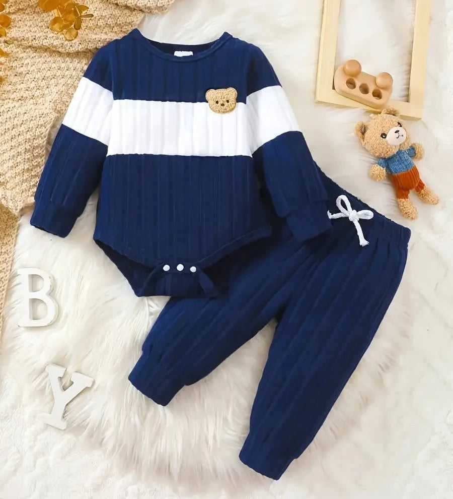 Conjunto 2 Peças Bebê Menino Body Manga Longa Calça Canelada Patch Urso Conjunto Menino 16 Kabannas Azul 1-3 Meses 
