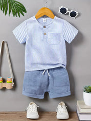 Conjunto 2 Peças Bebê Menino Camisa Listrada Manga Curta e Shorts com Elástico Conjunto Menino 21 Kabannas Azul 6-12 Meses 