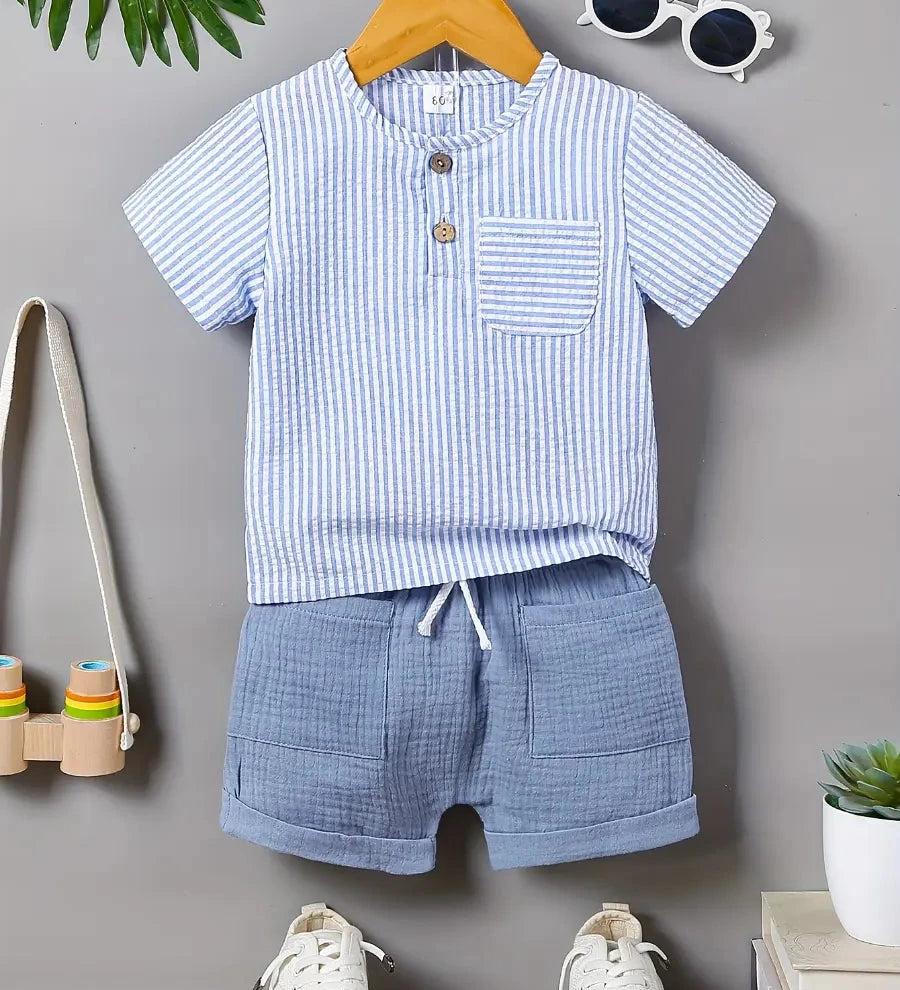 Conjunto 2 Peças Bebê Menino Camisa Listrada Manga Curta e Shorts com Elástico Conjunto Menino 21 Kabannas Azul 6-12 Meses 