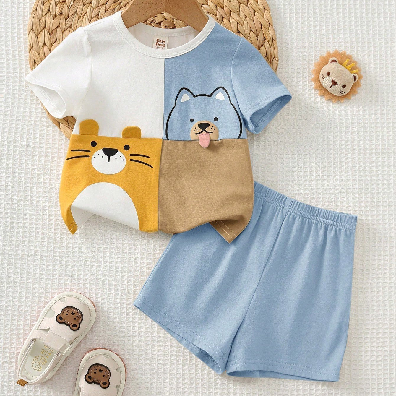 Conjunto 2 Peças Bebê Menino Camiseta Colorblock Tigre Cachorro e Shorts 002 Conjunto Menino 18 Kabannas Azul 6-9 Meses 