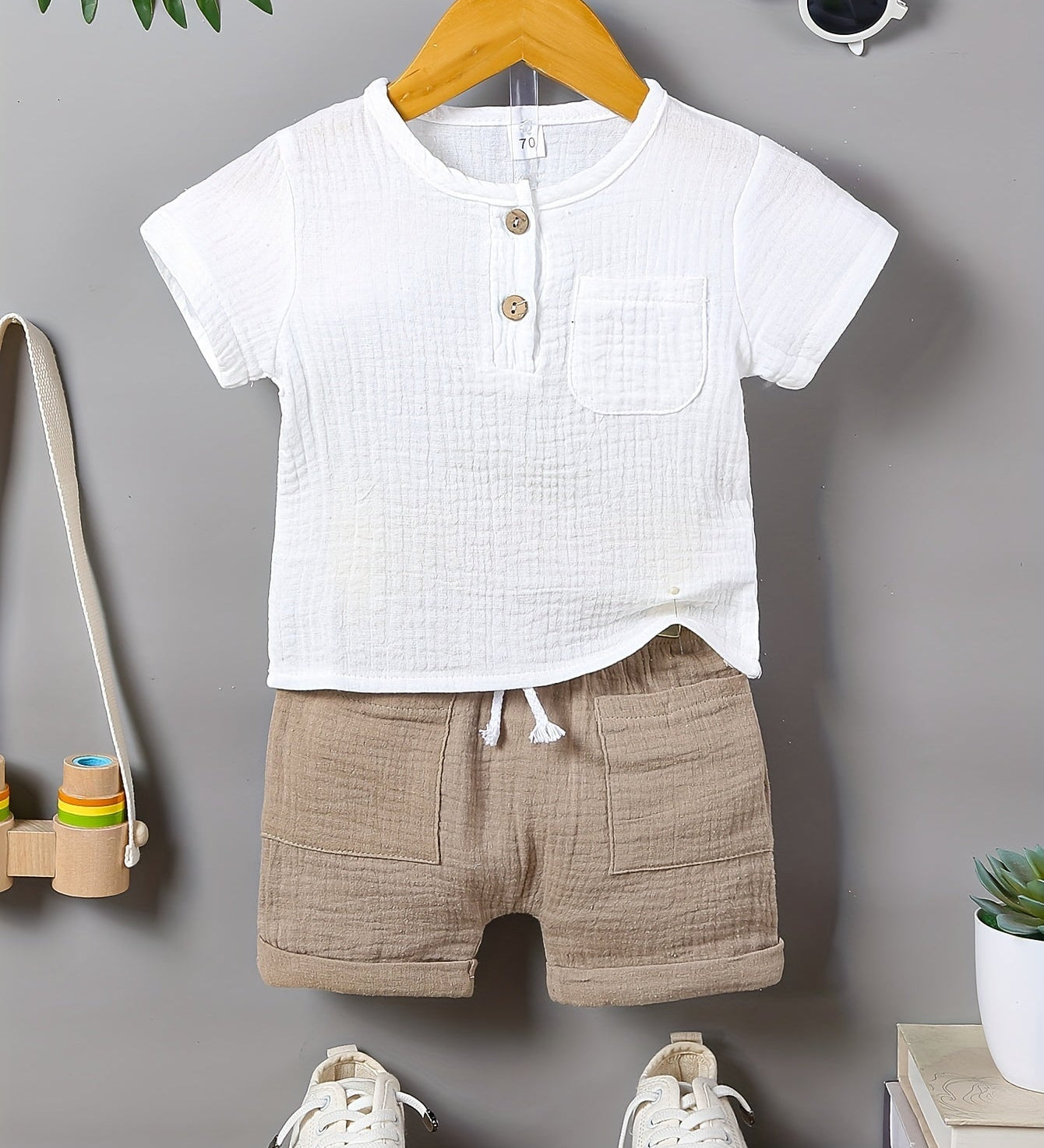 Conjunto 2 Peças Bebê Menino Camiseta Manga Curta e Shorts Musseline Conjunto Menino 20 Kabannas Cáqui 3-6 Meses 