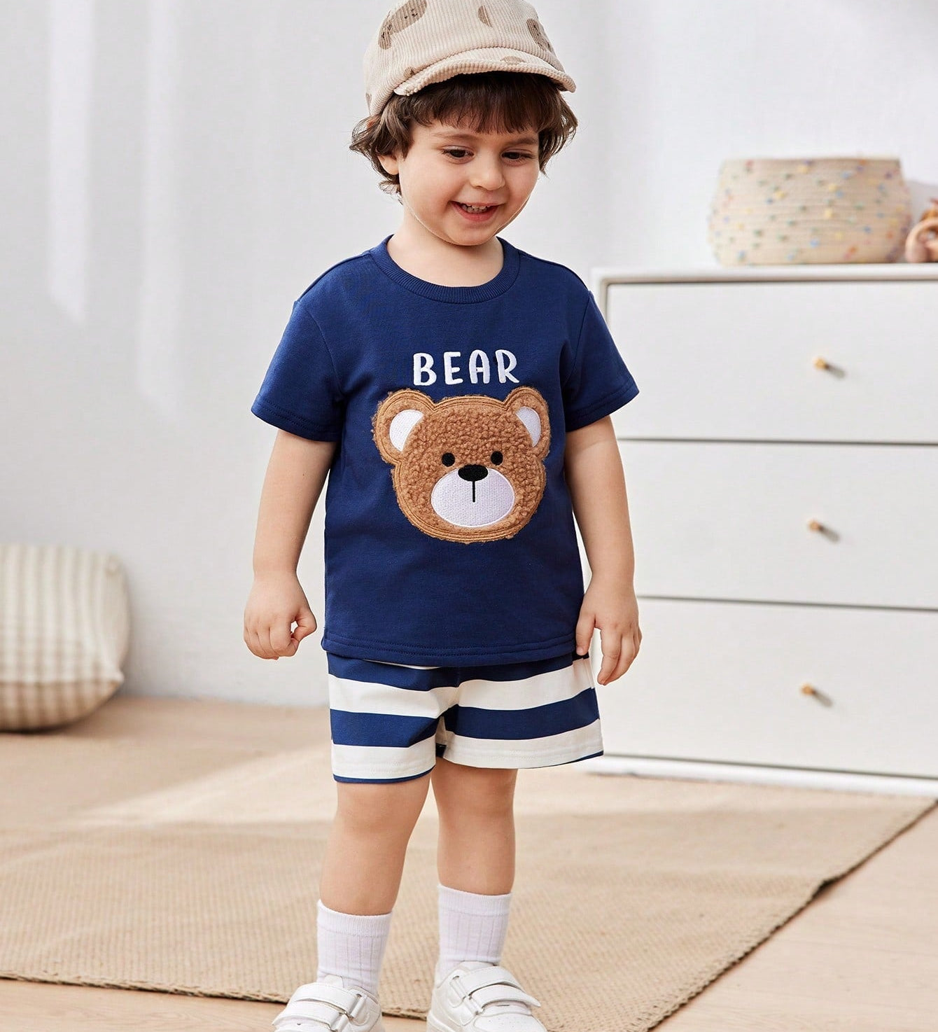 Conjunto 2 Peças Bebê Menino Camiseta Manga Curta Urso e Shorts Listrado 001 Conjunto Menino 08 Kabannas 
