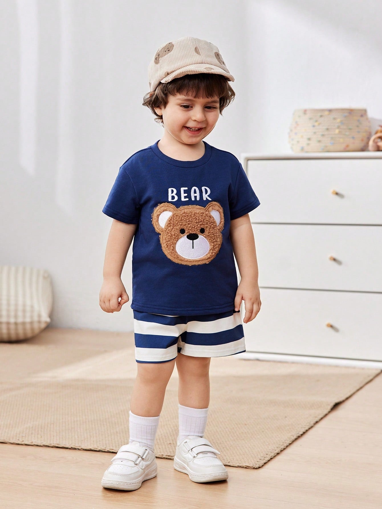 Conjunto 2 Peças Bebê Menino Camiseta Manga Curta Urso e Shorts Listrado 001 Conjunto Menino 08 Kabannas 