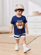 Conjunto 2 Peças Bebê Menino Camiseta Manga Curta Urso e Shorts Listrado 001 Conjunto Menino 08 Kabannas 