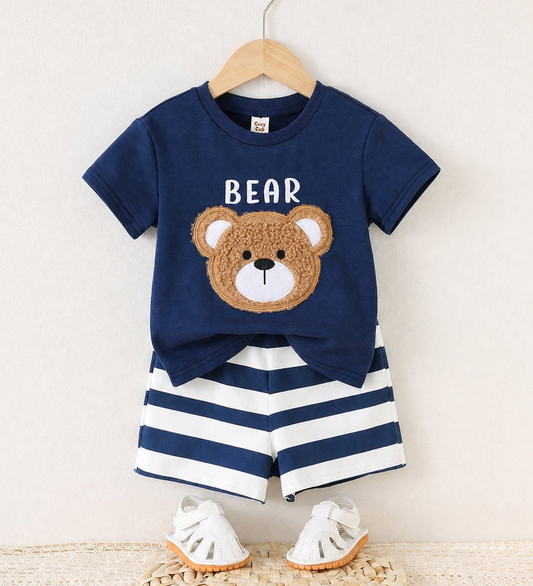 Conjunto 2 Peças Bebê Menino Camiseta Manga Curta Urso e Shorts Listrado 001 Conjunto Menino 08 Kabannas Azul 6-9 Meses 