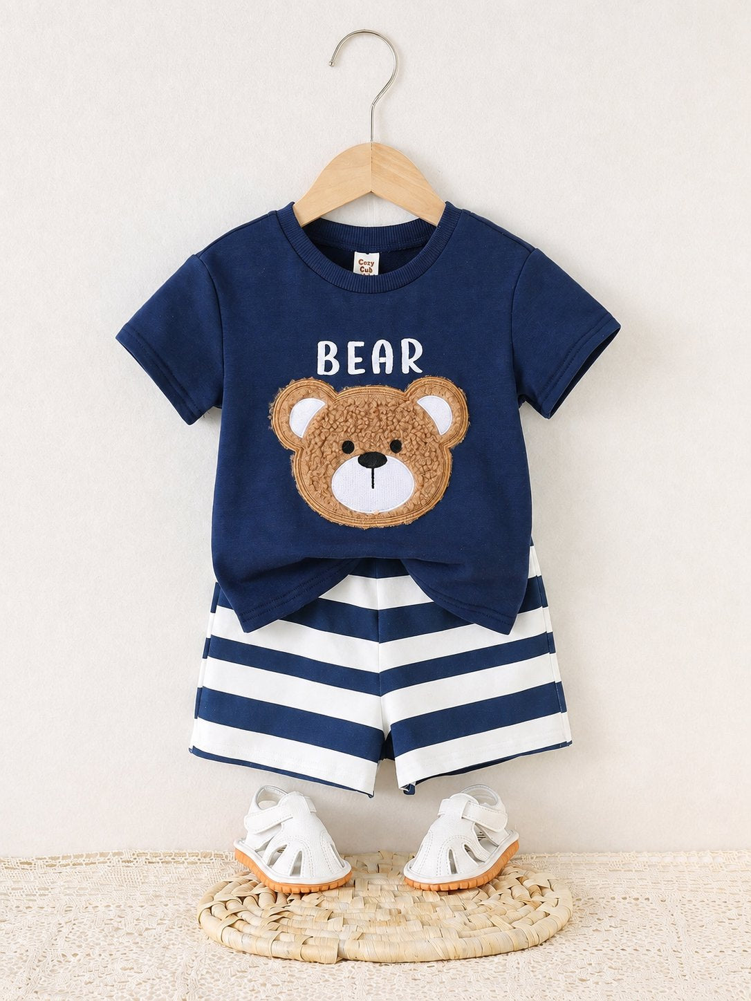 Conjunto 2 Peças Bebê Menino Camiseta Manga Curta Urso e Shorts Listrado 001 Conjunto Menino 08 Kabannas Azul 6-9 Meses 