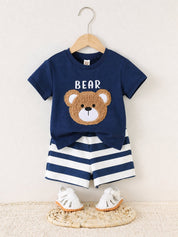 Conjunto 2 Peças Bebê Menino Camiseta Manga Curta Urso e Shorts Listrado 001 Conjunto Menino 08 Kabannas Azul 6-9 Meses 