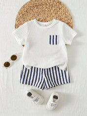 Conjunto 2 Peças Bebê Menino Camiseta Waffle Bolso Patchwork e Shorts Listrado 001 Conjunto Menino 02 Kabannas Azul 3-6 Meses 
