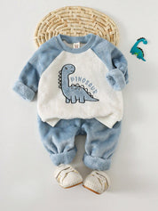 Conjunto 2 Peças Bebê Menino Moletom Manga Longa Felpudo Dinossauro 001 Conjunto Menino 07 Kabannas Azul e branco 6-9 Meses 
