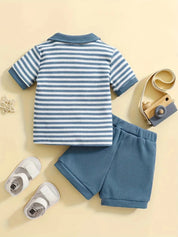 Conjunto 2 Peças Bebê Menino Polo Listrada Meia Botonagem Manga Curta e Shorts Waffle Casual Verão Conjunto Menino 04 Kabannas 
