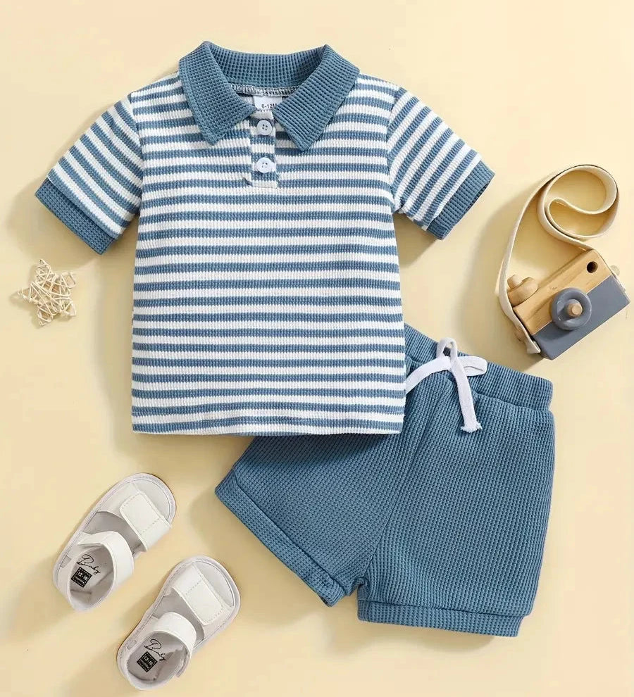 Conjunto 2 Peças Bebê Menino Polo Listrada Meia Botonagem Manga Curta e Shorts Waffle Casual Verão Conjunto Menino 04 Kabannas Azul 12-18 Meses 