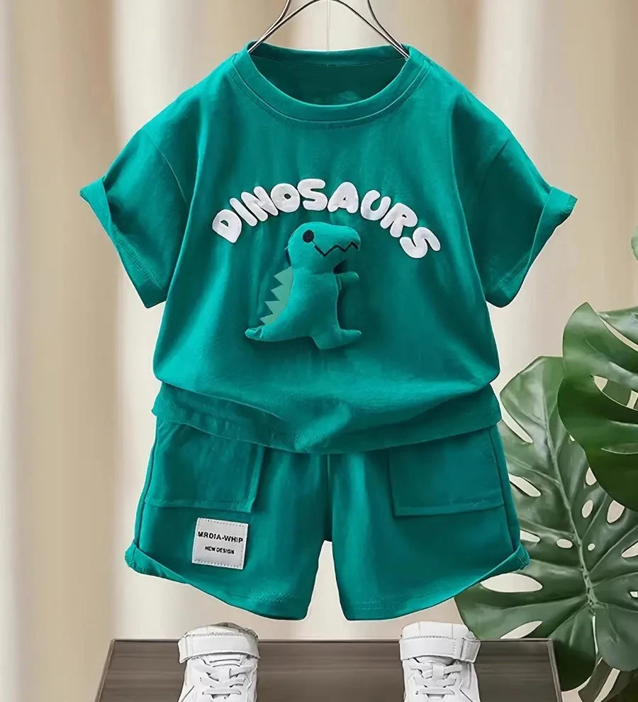 Conjunto 2 Peças Infantil Masculino Camiseta Dinossauro 3D Manga Curta e Shorts Conjunto Menino 14 Kabannas Verde 6-9 Meses 