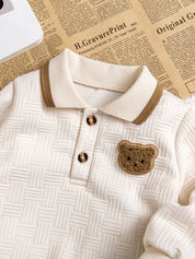 Conjunto 2 Peças Infantil Masculino Polo Jacquard Aplique Ursinho Calça Jogger Bege Conjunto Menino 03 Kabannas 