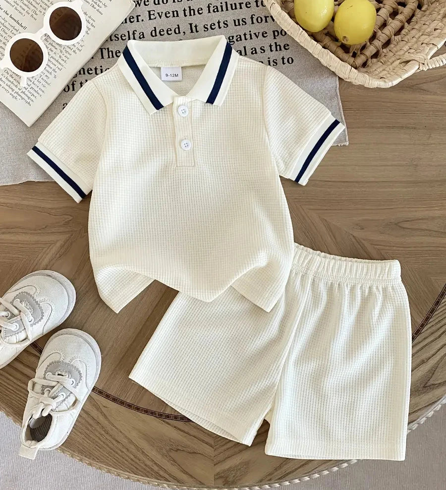 Conjunto 2 Peças Infantil Masculino Polo Manga Curta Malha Waffle Off-White Shorts Elástico Conjunto Menino 01 Kabannas Off-white 6-9 Meses 