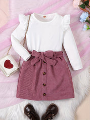 Conjunto 2 Peças Infantil Menina Blusa Canelada Manga Longa com Babado e Saia Cotelê com Laço Conjunto Menina 23 Kabannas 