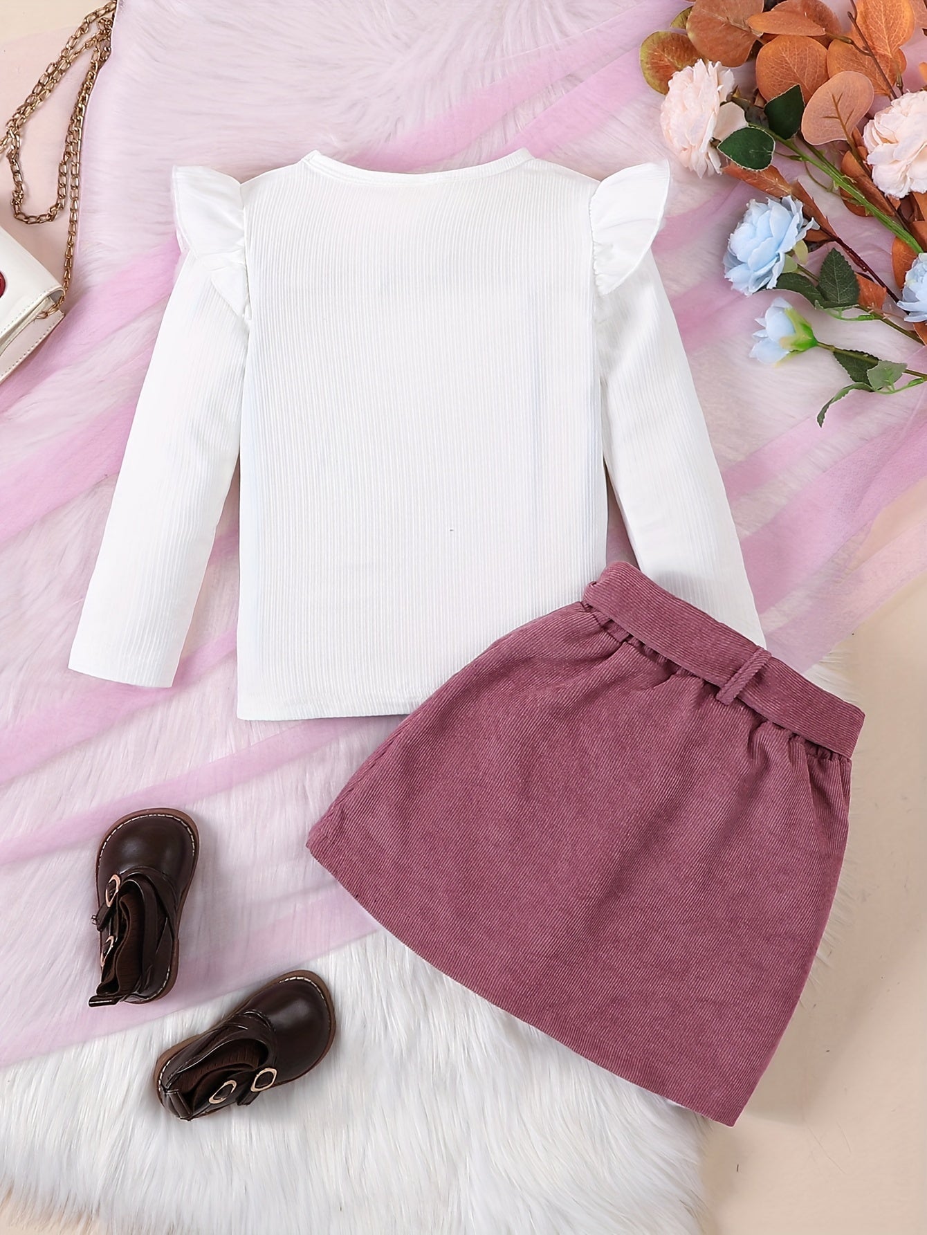 Conjunto 2 Peças Infantil Menina Blusa Canelada Manga Longa com Babado e Saia Cotelê com Laço Conjunto Menina 23 Kabannas 