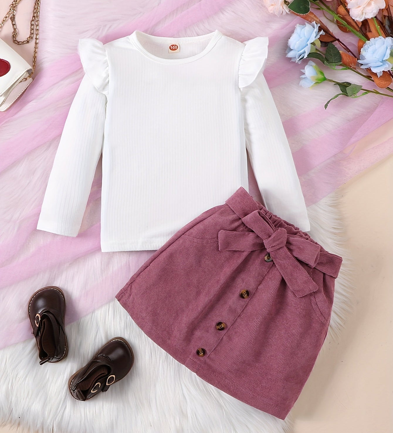 Conjunto 2 Peças Infantil Menina Blusa Canelada Manga Longa com Babado e Saia Cotelê com Laço Conjunto Menina 23 Kabannas Branco 9-12 Meses 