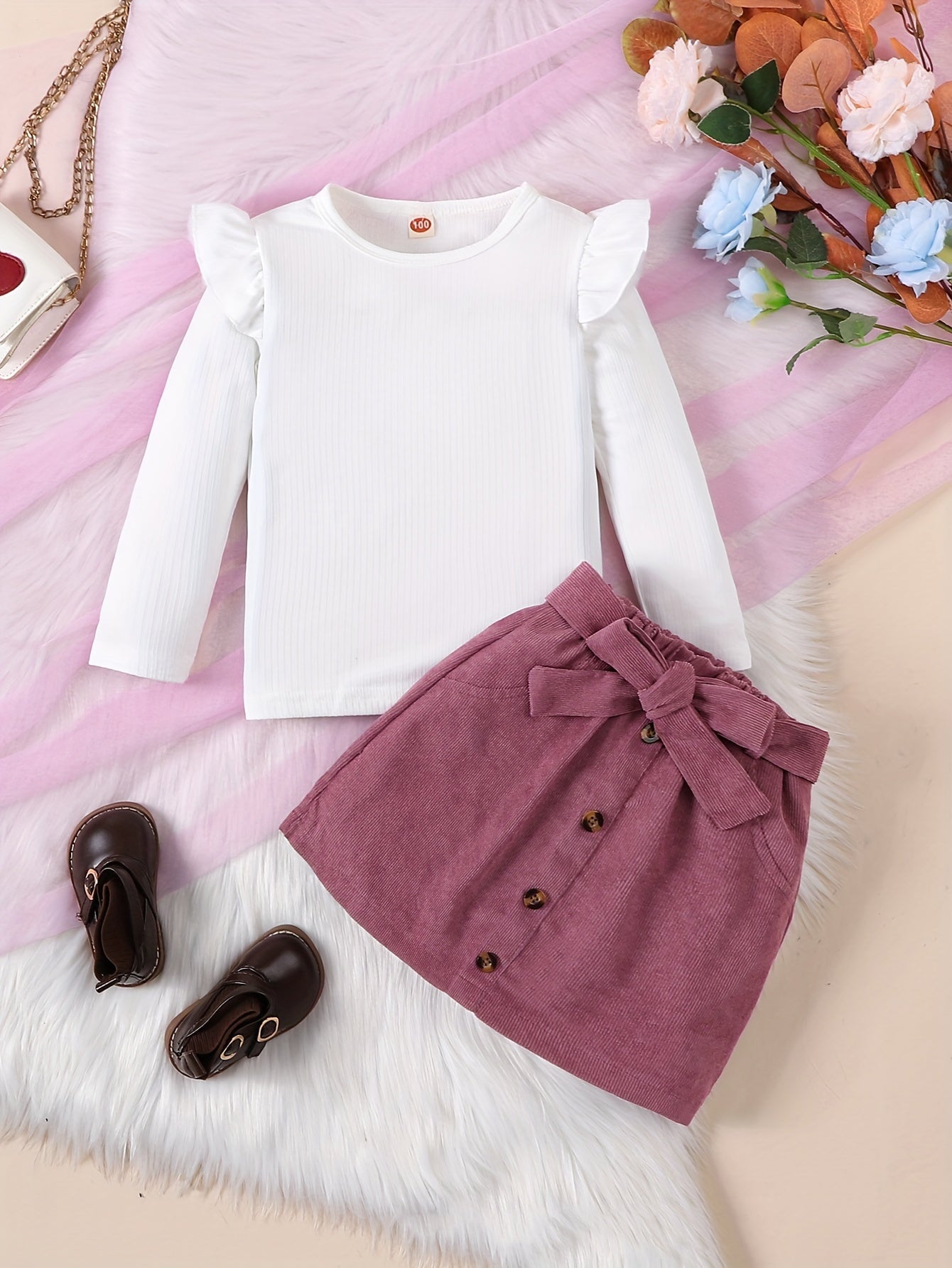Conjunto 2 Peças Infantil Menina Blusa Canelada Manga Longa com Babado e Saia Cotelê com Laço Conjunto Menina 23 Kabannas Branco 9-12 Meses 