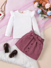 Conjunto 2 Peças Infantil Menina Blusa Canelada Manga Longa com Babado e Saia Cotelê com Laço Conjunto Menina 23 Kabannas Branco 9-12 Meses 
